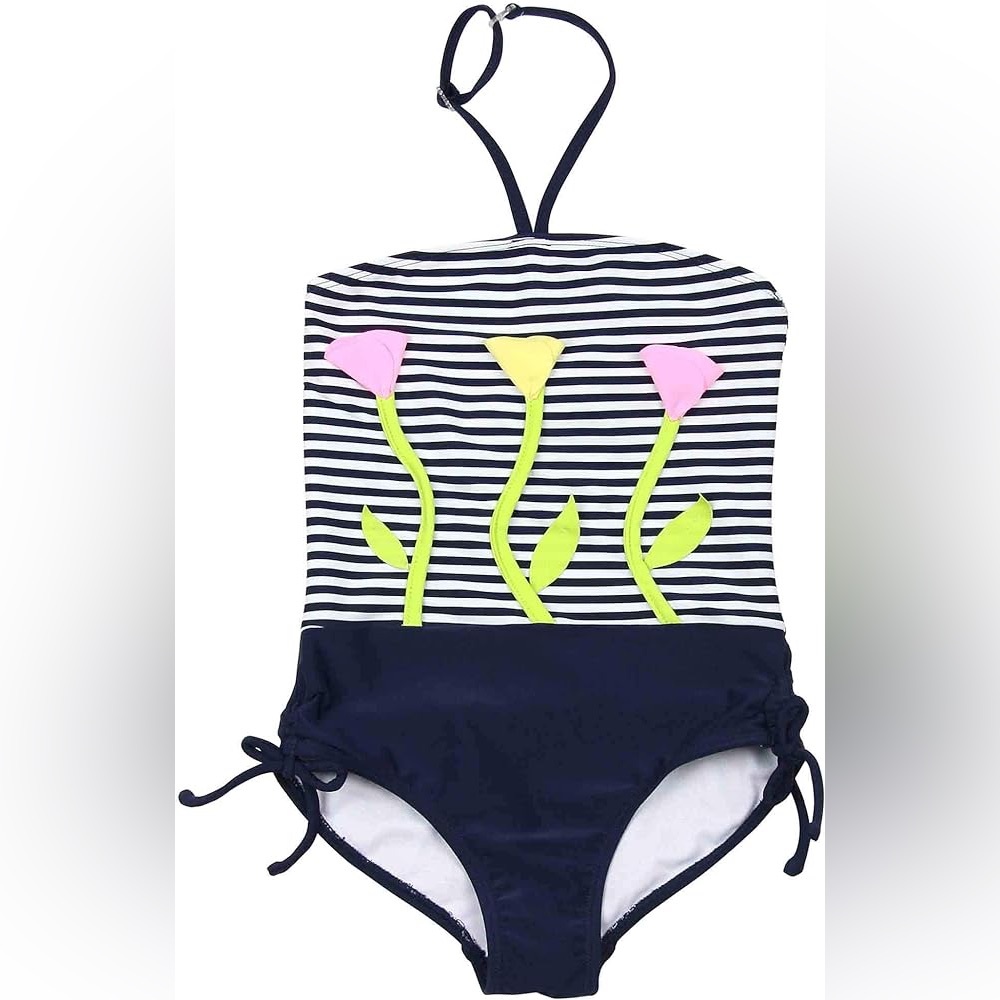 NWT Kate Mack Toddler Navy Stripes with Flowers One Piece Swimsuit, 4